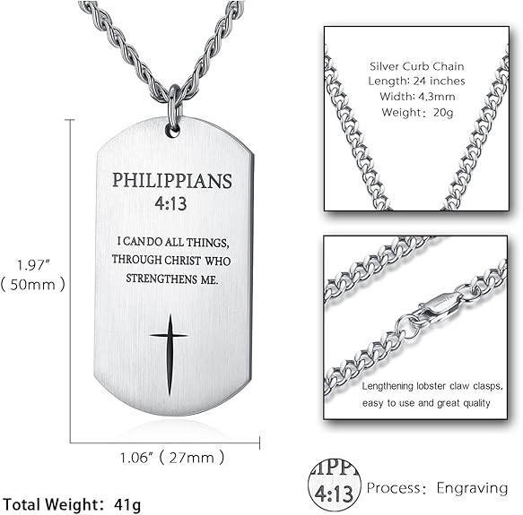 REVEMCN Black Silver Stainless Steel Bible Verse Cross Dog Tag Pendant Necklace for Men, 24-28 Inches Chain