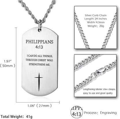 REVEMCN Black Silver Stainless Steel Bible Verse Cross Dog Tag Pendant Necklace for Men, 24-28 Inches Chain