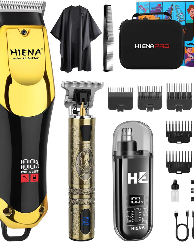 HIENA PRO Professional Hair Clippers & Cordless Barber Clippers for Men, Rechargeable Trimmer Set and Facial Grooming Tool Kit, Ear, Nose Hair Trimmer Set, Gifts for Men