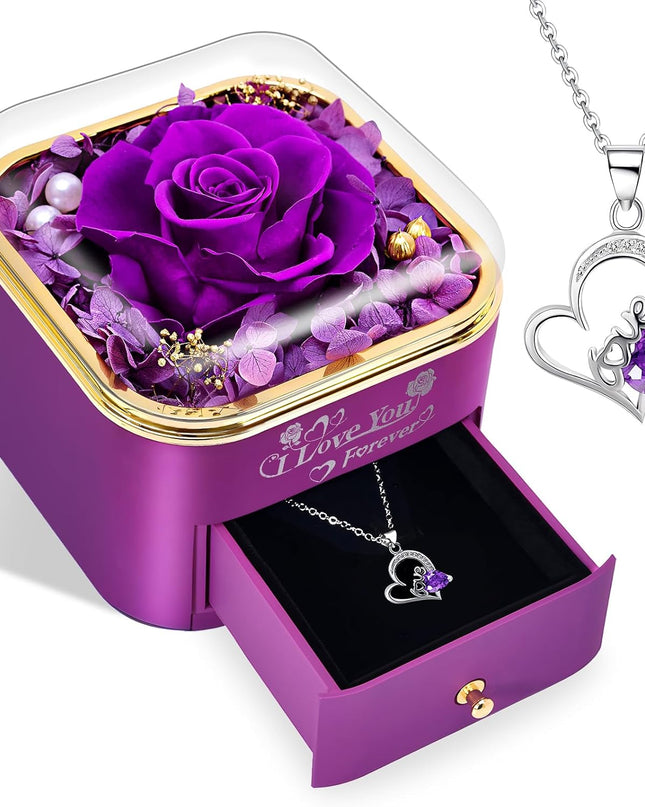 Preserved Real Purple/Red Rose with Love Necklace,Forever Flowers Gifts for Women Wife Mom Grandma Girlfriend, Christmas Valentines Anniversary Birthday Gifts for Her