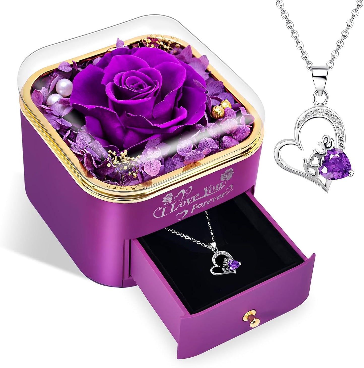 Preserved Real Purple Rose with Love Necklace,Forever Flowers Gifts for Women Wife Mom Grandma Girlfriend, Christmas Valentines Anniversary Birthday Gifts for Her