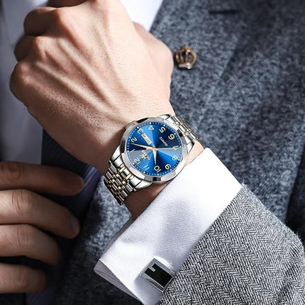 Men's Casual Stainless Steel Watch, Big Face Easy to Read Analog Quartz Watch with Day and Date, Classic Waterproof Diamond Roman Arabic Numerals Dial Dress Watch for Men