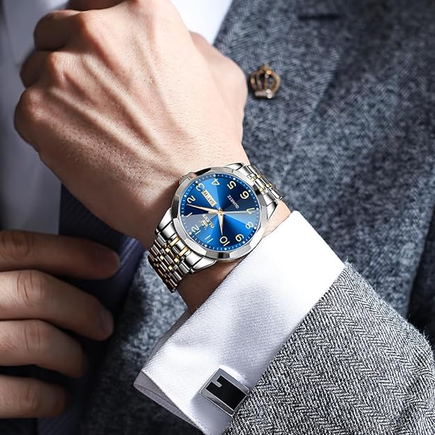 Men's Casual Stainless Steel Watch, Big Face Easy to Read Analog Quartz Watch with Day and Date, Classic Waterproof Diamond Roman Arabic Numerals Dial Dress Watch for Men