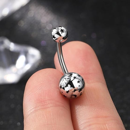 Silver Star Belly Button Rings 14G Acrylic Belly Navel Rings for Women Moon Cute Belly Piercing Jewelry Stainless Steel
