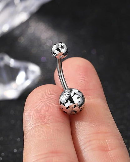 Silver Star Belly Button Rings 14G Acrylic Belly Navel Rings for Women Moon Cute Belly Piercing Jewelry Stainless Steel