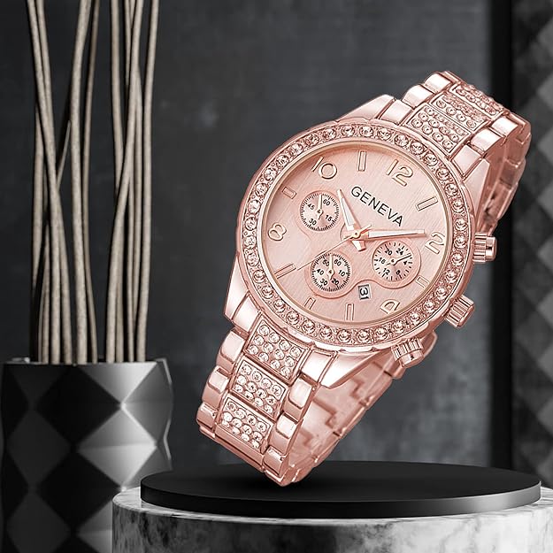 Gosasa Luxury Unisex Crystal Diamond Watches Quartz Digital Calendar Rose Gold Silver Stainless Steel Watch