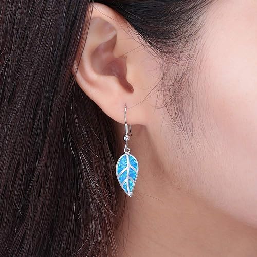 8K White Gold Plated Leaf Opal Dangle Drop Earrings for Women Teen Girls Hypoallergenic Opal Jewelry