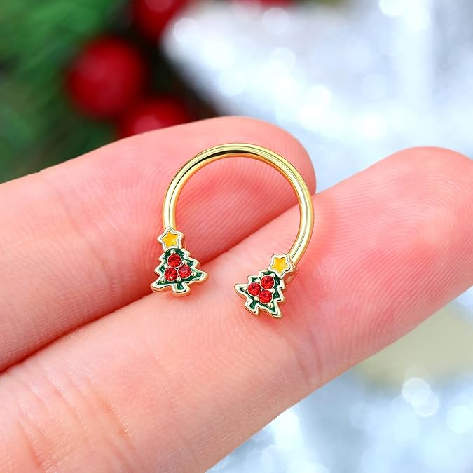 CM Crareesi Mania Christmas Tree Septum Ring 16G Septum Piercing Jewelry 316L Stainless Steel Gold Daith Piercing Jewelry 10mm Daith Earrings for Christmas