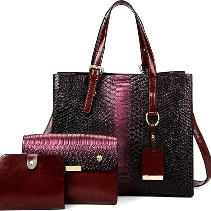 KingTo Women's Crocodile Pattern Satchel Handbags Stylish Tote Handbags crocodile purses for women 3 Pcs Set