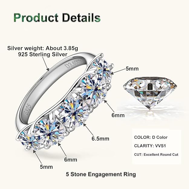 5 Stone Moissanite Half Eternity Ring Wedding Band 3.6cttw D Color VVS1 925 Silver 5-Stone Engagement Ring for Women Wife Mom