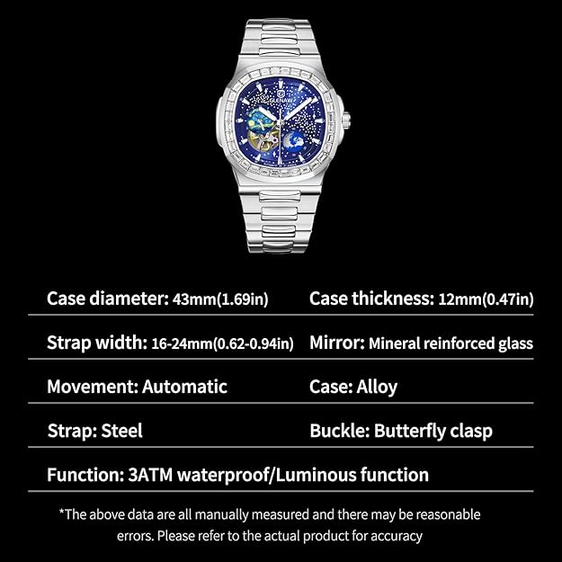 Automatic Tourbillon Watches for Men, Square Skeleton Watch Stainless Steel Self-Winding Mechanical Watch Wrist Watch