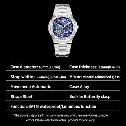 Automatic Tourbillon Watches for Men, Square Skeleton Watch Stainless Steel Self-Winding Mechanical Watch Wrist Watch