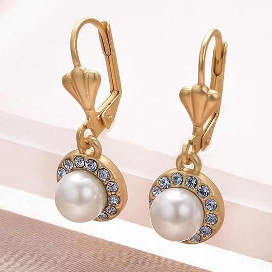 Pearl Drop Earrings for Women 18K Gold Plated Cubic Zirconia and White Pearl Dangle Earrings Leverback Earrings Dainty Jewelry