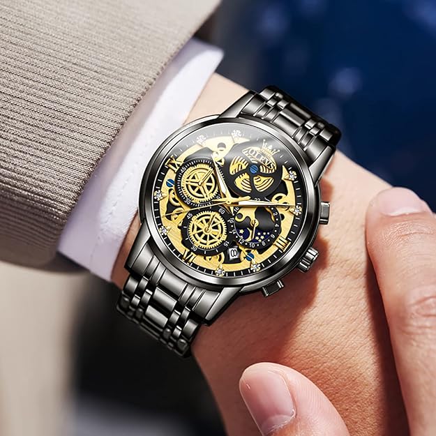 OLEVS Skeleton Watch for Men Stainless Steel Chronograph Watch for Men Classic Waterproof Mens Watches with Date Luxury Business Men's Analog Wrist Watches, relojes para Hombres