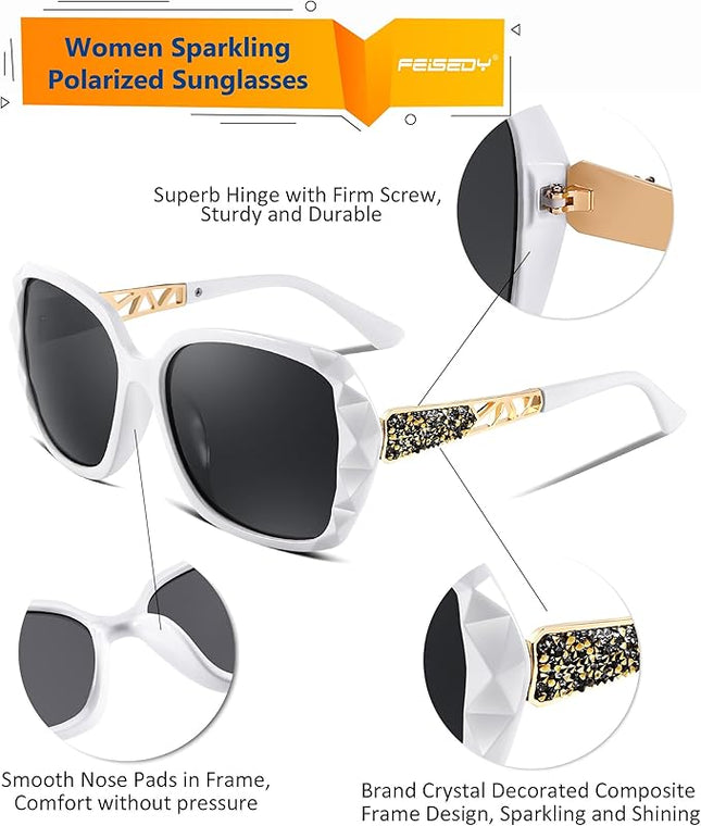 FEISEDY Polarized Women Square Sunglasses Sparkling Composite Shiny Frame B2289