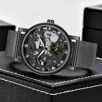 Men's Skeleton Mechanical Roman Numeral Mesh Strap Watch, Hand Winding Mechanical Mesh Luminous Waterproof Watch for Men