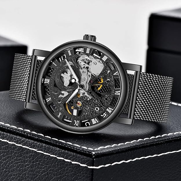 Men's Skeleton Mechanical Roman Numeral Mesh Strap Watch, Hand Winding Mechanical Mesh Luminous Waterproof Watch for Men