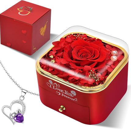Preserved Real Purple/Red Rose with Love Necklace,Forever Flowers Gifts for Women Wife Mom Grandma Girlfriend, Christmas Valentines Anniversary Birthday Gifts for Her