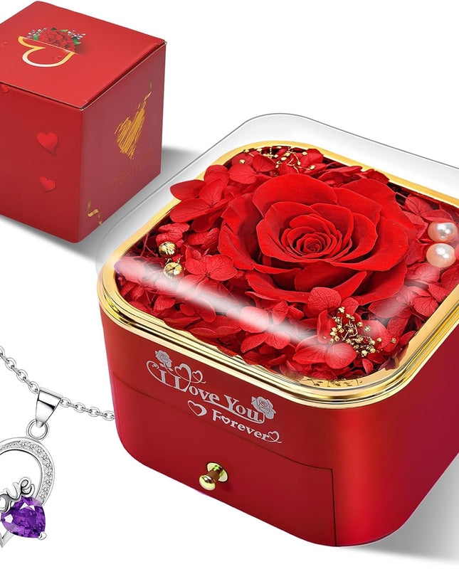 Preserved Real Purple/Red Rose with Love Necklace,Forever Flowers Gifts for Women Wife Mom Grandma Girlfriend, Christmas Valentines Anniversary Birthday Gifts for Her