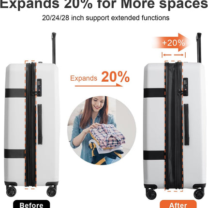 Luggage Sets 3 Piece (20/24/28) Expandable Suitcases with Wheels PC+ABS Durable Hardside Suitcase TSA Lock White