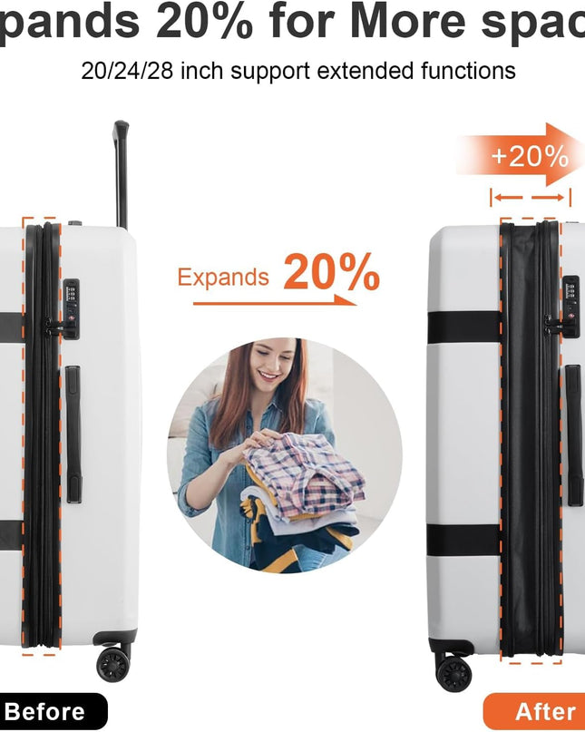 Luggage Sets 3 Piece (20/24/28) Expandable Suitcases with Wheels PC+ABS Durable Hardside Suitcase TSA Lock White