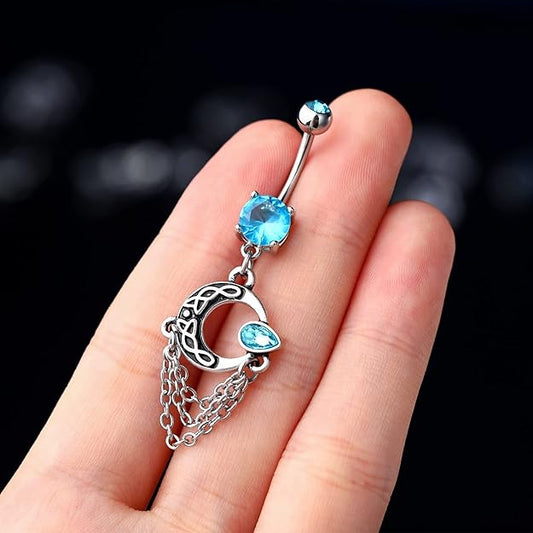 COCHARM Moon Chain Dangle Belly Button Rings Aqua CZ Dangly Belly Rings for Women Belly Piercing Jewelry Dangling Stainless Steel