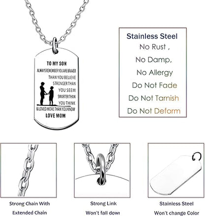 lauhonmin Mother Son Dog Tag Necklace for Men Boy To My Son You are Braver Stronger Smarter than you think Love Mom Stainless Steel