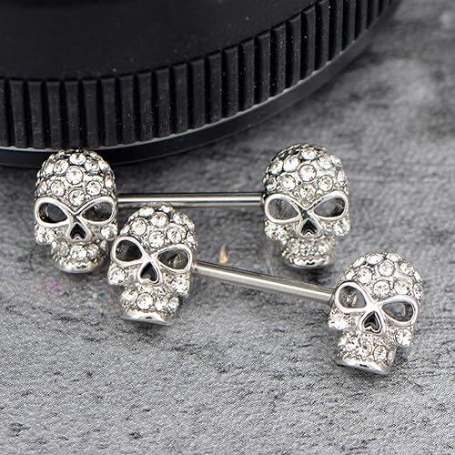 OUFER 2PCS 14G 316L Surgical Steel Nipple Rings Barbell Clear CZ Skull Nipple Bars Nipple Piercing