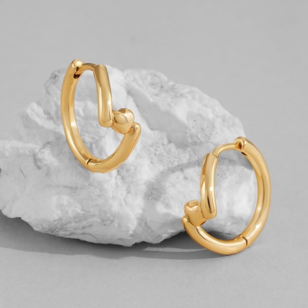 Dremmy Studios Dainty CZ Huggie Hoop Earrings 14K Gold Plated Chunky Simple Cute Thick Round Frill Bead Ball Starburst Cuff Earrings Cubic Zirconia Hoop Earrings Minimalist Personalized Gift for Her