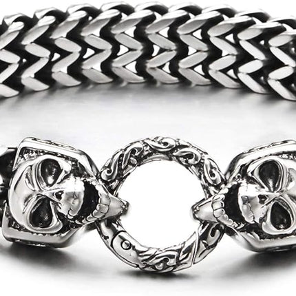 COOLSTEELANDBEYOND Gothic Mens Stainless Steel Franco Box Chain Link Curb Chain Bracelet with Skulls Spring Ring Clasp