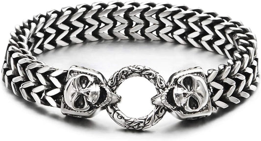 COOLSTEELANDBEYOND Gothic Mens Stainless Steel Franco Box Chain Link Curb Chain Bracelet with Skulls Spring Ring Clasp