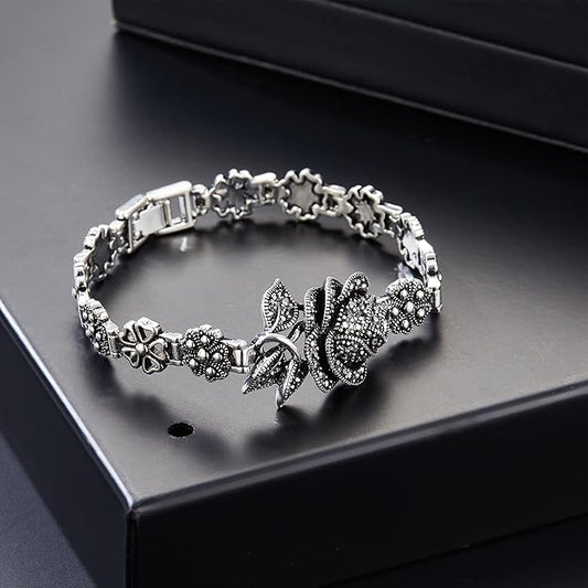 Vintage Charm Bracelet for Women Elegant Black Onyx and Marcasite with Silver Rose Flower Design, Retro Ideal for Women's Jewelry Gifts