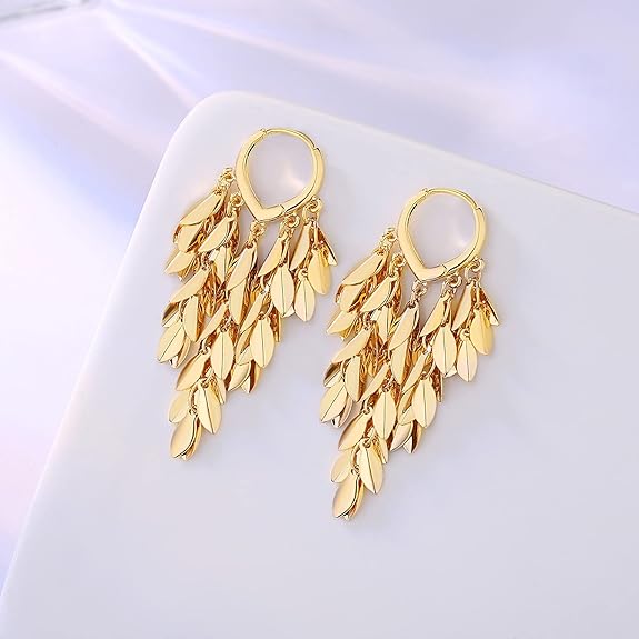 18K Gold Plated Leaf Hoop Earrings for Women, Long Tassel Dangle Drop Earrings, Chunky Gold Chandelier Earrings