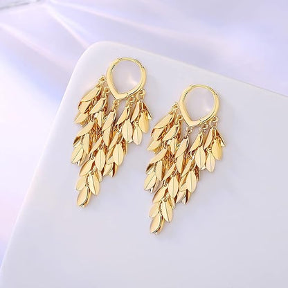 18K Gold Plated Leaf Hoop Earrings for Women, Long Tassel Dangle Drop Earrings, Chunky Gold Chandelier Earrings