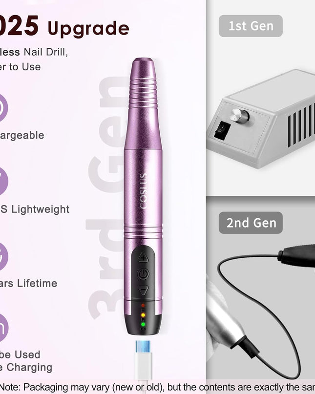 COSLUS Cordless Nail Drill Electric File: Professional for Acrylic Gel Dip Powder Nails Portable Nail Drill Machine Kit for Manicure Pedicure Nail Set with Everything Rechargeable Lightweight