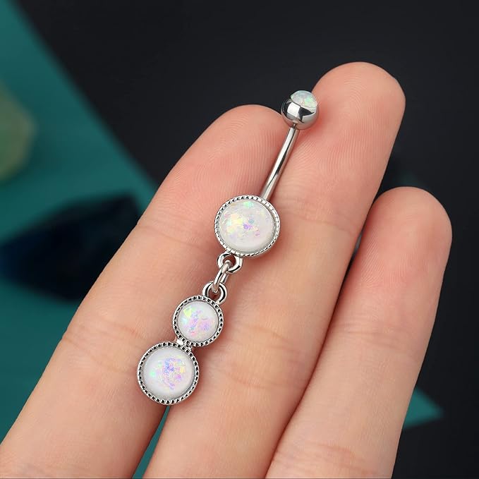 Cute Dangly Opal Belly Button Rings 14g 316L Stainless Steel Dangle Navel Rings for Women Long Curved Barbell