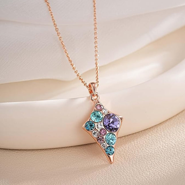 EVEVIC Dainty Multicolored Austrian Crystals Rhombus Pendant Necklaces for Women Fashion 14K Gold Plated Hypoallergenic Jewelry