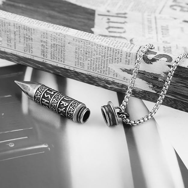 HZMAN Bullet Cremation Urn Necklace for Ashes Stainless Steel Viking Runes Memorial Pendant for Men Keepsake Jewelry