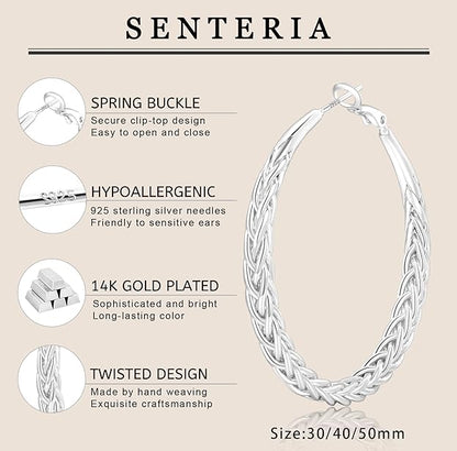 Senteria Silver Hoop Earrings for Women Hypoallergenic 925 Sterling Silver Post Hoop Earrings Lightweight Large Silver Hoop Earrings Thick Twisted Silver Hoop Earrings 40MM