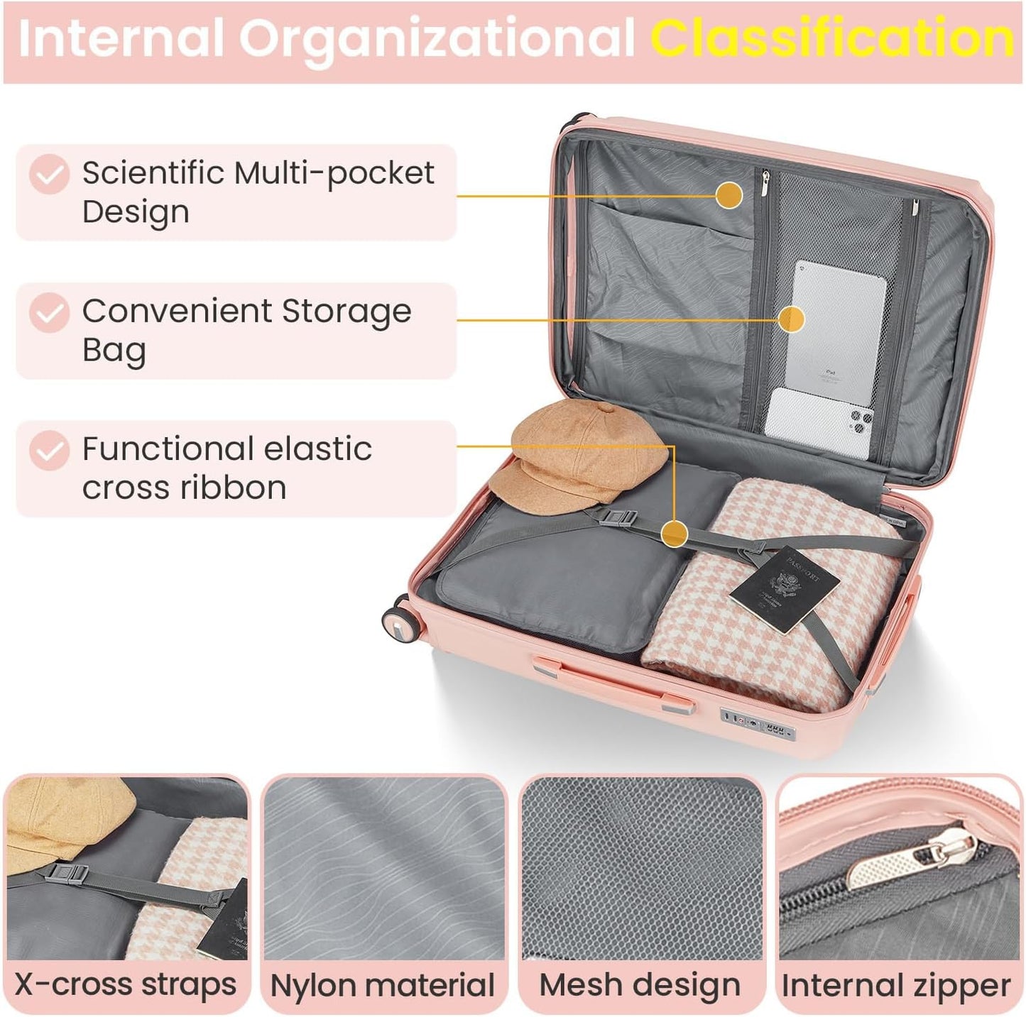 Luggage Set 4 Piece Suitcase Sets with Double Spinner Wheel, Expandable Hardside Travel Luggage with TSA Lock (14/20/24/28), PP Material Hardshell Carry on Travel Suitcases (D# Pink)