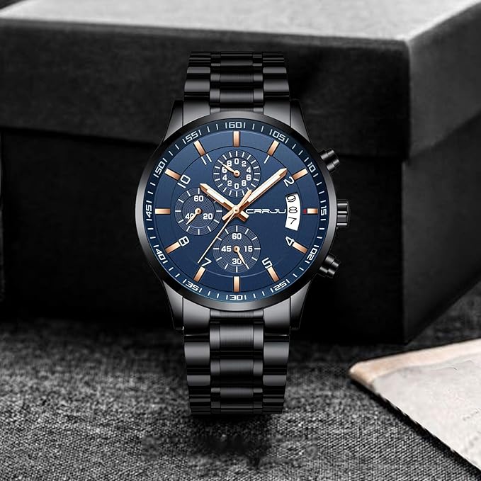 CRRJU Men's Fashion Stainless Steel Watches Date Waterproof Chronograph Wrist watches,Stain steel Steel Band Waterproof Watch