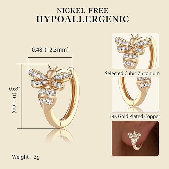 18K Gold Bee Earrings for Women, Hypoallergenic Stud with Cubic Zirconia, Hoop Earrings for Women, Gold