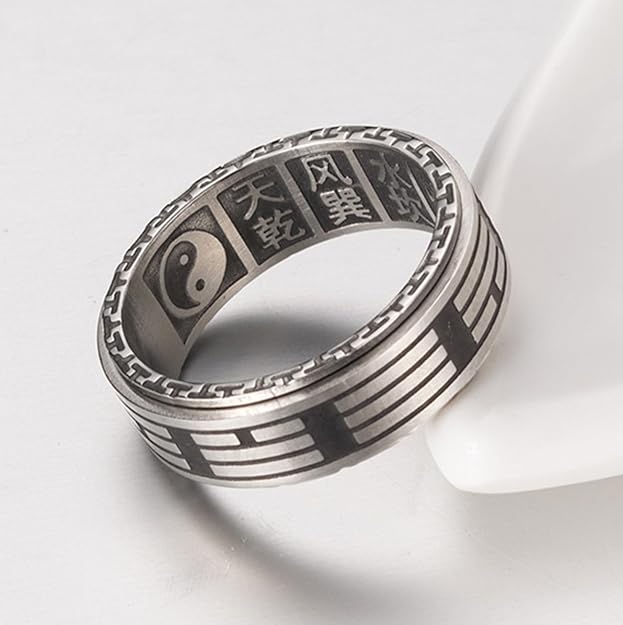 ALEXTINA Men's 8MM Stainless Steel Yin Yang Spinner Ring Ba Gua Feng Shui Eight Trigrams Signet Band