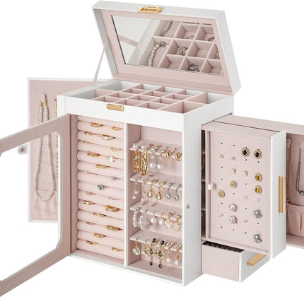 HOOBRO Jewelry Box with Mirror, Travel Jewelry Organizer with Glass Window, Vertical Storage, Christmas Gift, Gift for Loved Ones, for Earrings, Rings, Necklaces, Bracelets, White WT03JB04G2