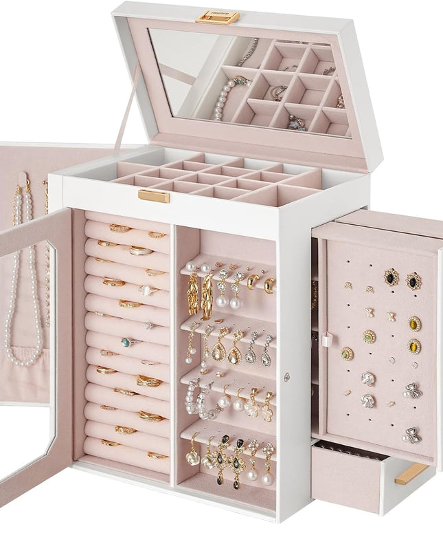 HOOBRO Jewelry Box with Mirror, Travel Jewelry Organizer with Glass Window, Vertical Storage, Christmas Gift, Gift for Loved Ones, for Earrings, Rings, Necklaces, Bracelets, White WT03JB04G2