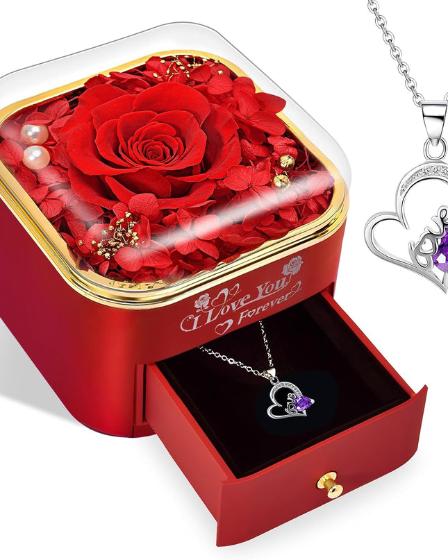 Preserved Real Purple/Red Rose with Love Necklace,Forever Flowers Gifts for Women Wife Mom Grandma Girlfriend, Christmas Valentines Anniversary Birthday Gifts for Her