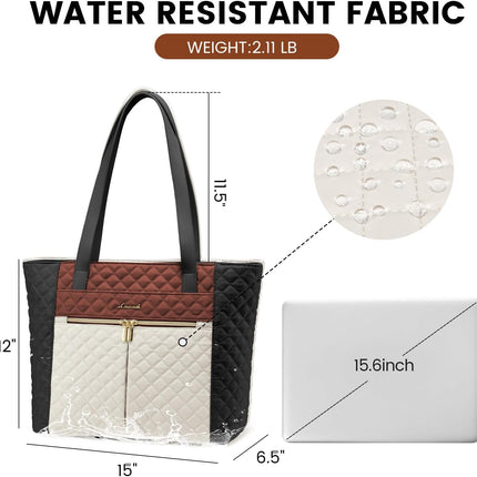 LOVEVOOK Laptop Bag for Women 15.6 inch,Diamond Quilted Work Tote Bags Womens Laptop Computer Shoulder Bags,Stylish Travel Tote Bags Laptop Purse Briefcase Handbag with Clutch Purse,Brown-Black-White