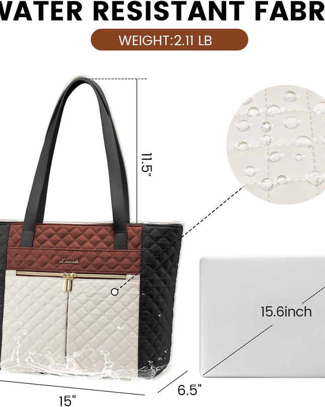 LOVEVOOK Laptop Bag for Women 15.6 inch,Diamond Quilted Work Tote Bags Womens Laptop Computer Shoulder Bags,Stylish Travel Tote Bags Laptop Purse Briefcase Handbag with Clutch Purse,Brown-Black-White