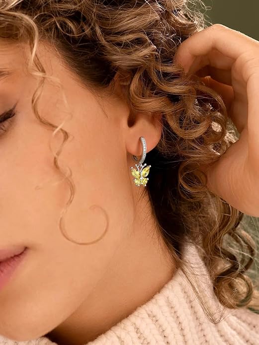 SILVERCUTE 925 Sterling Silver Butterfly Hoop Earrings - 12 Birthstone Butterfly Dangle Earrings, Cute Huggie Hoops Butterfly Jewelry for Women Teen Girls