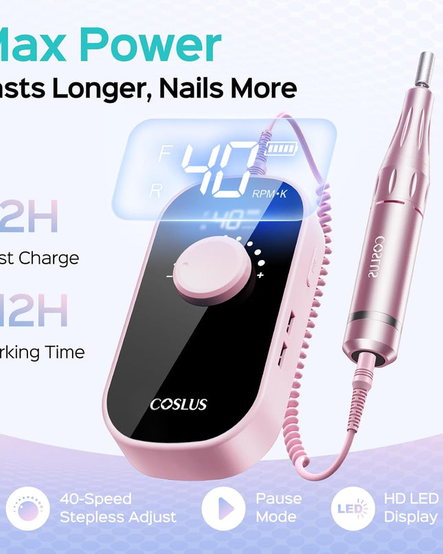COSLUS Professional Rechargeable Electric Nail Drill 40000 RPM, Portable Nail File with Storage Stand for Acrylic Gel Polishing Removing - Easy to Use for Women, Manicure at Home DIY or Salon, Pink